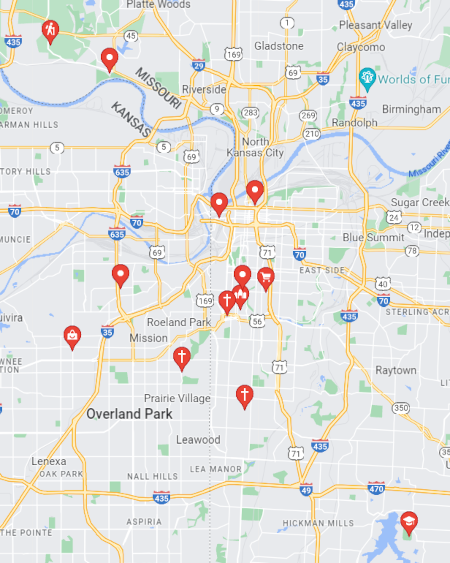 Locations from Parkville, to Midtown, to KCK, to Shawnee, 
<br>to South KC and Lee's Summit.  Click map for directions.